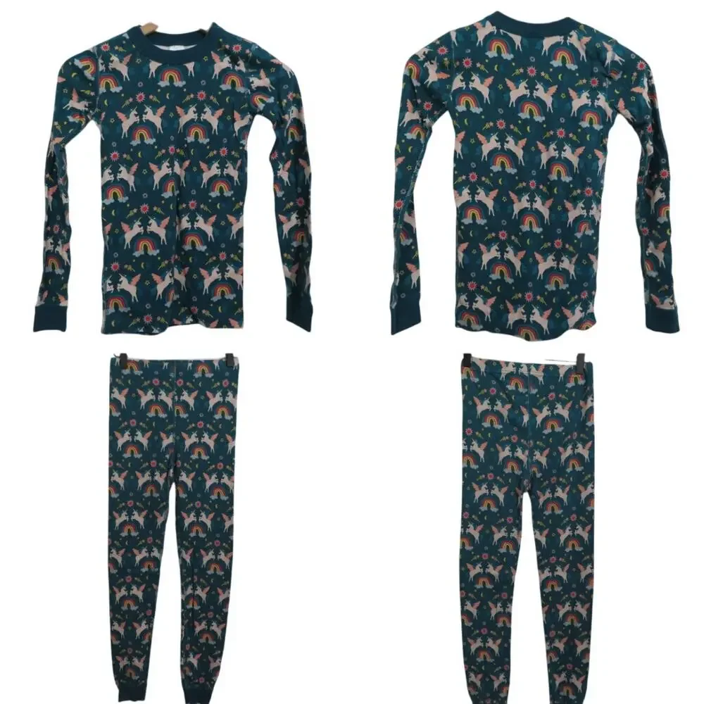 Hanna Andersson Sz 12 Teal Unicorn Kids Pajama Set Organic Cotton